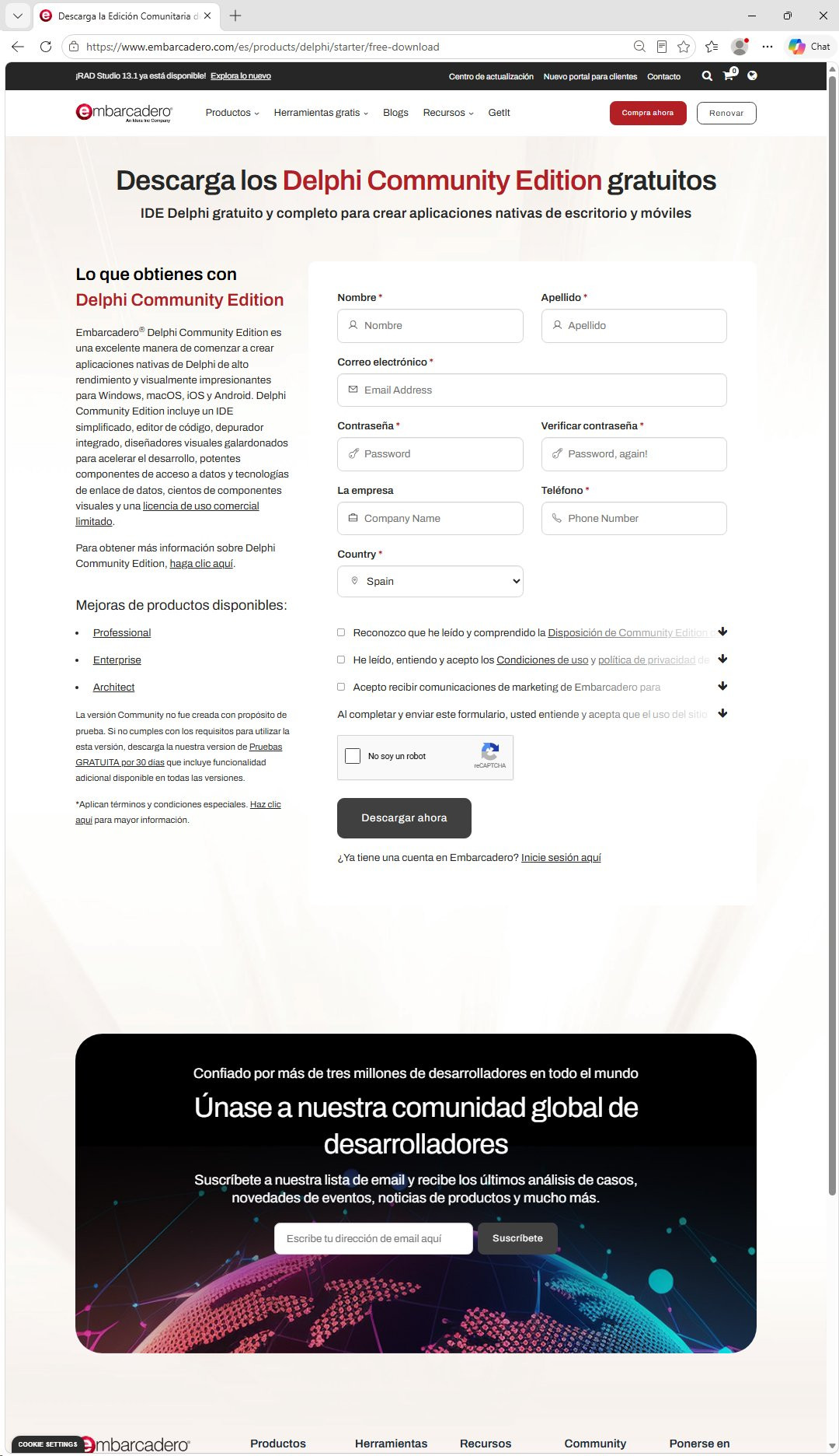 Página oficial de descarga de Embarcadero Delphi