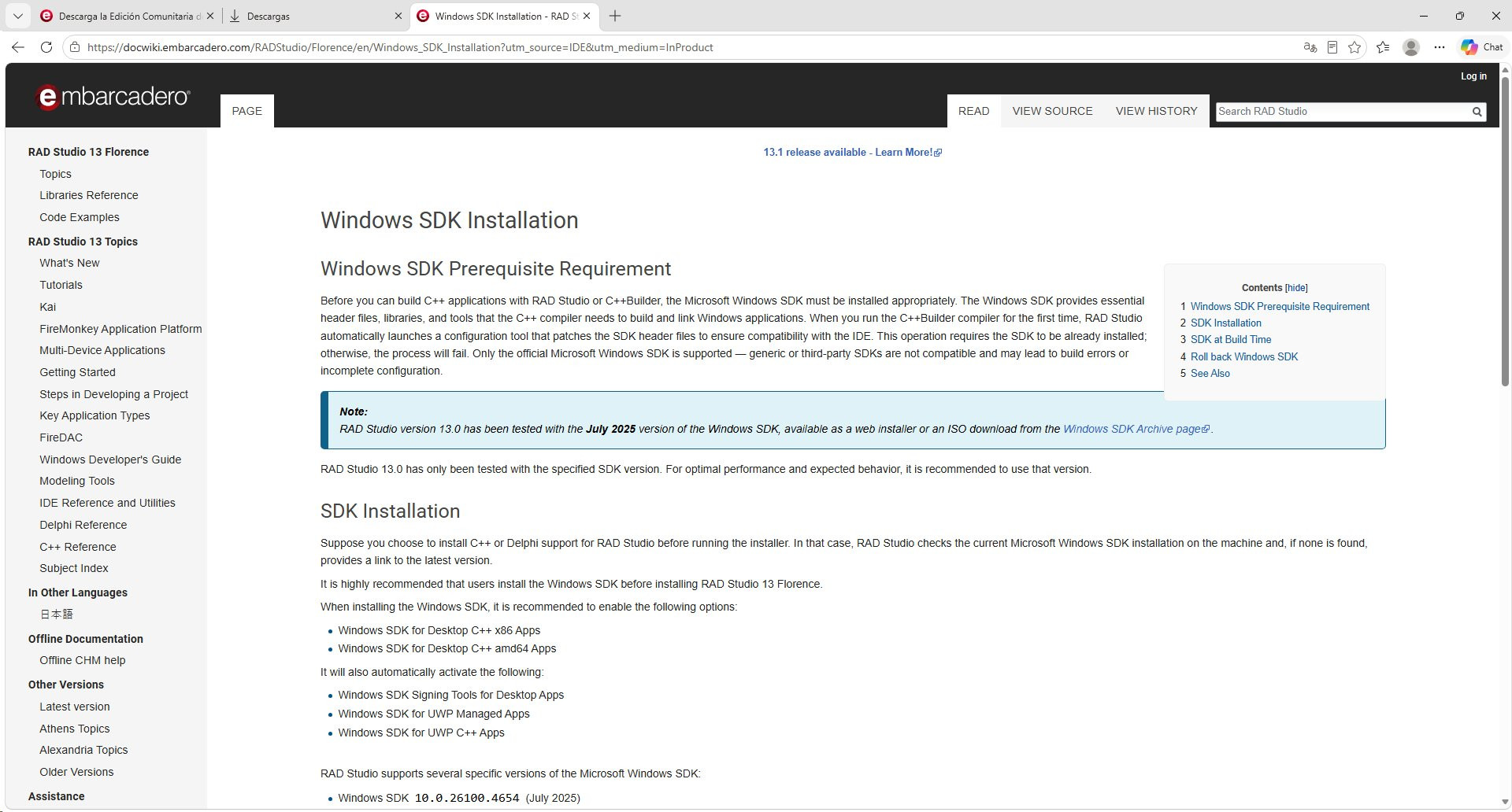 Página de Embarcadero que da acceso al SDK de Microsoft