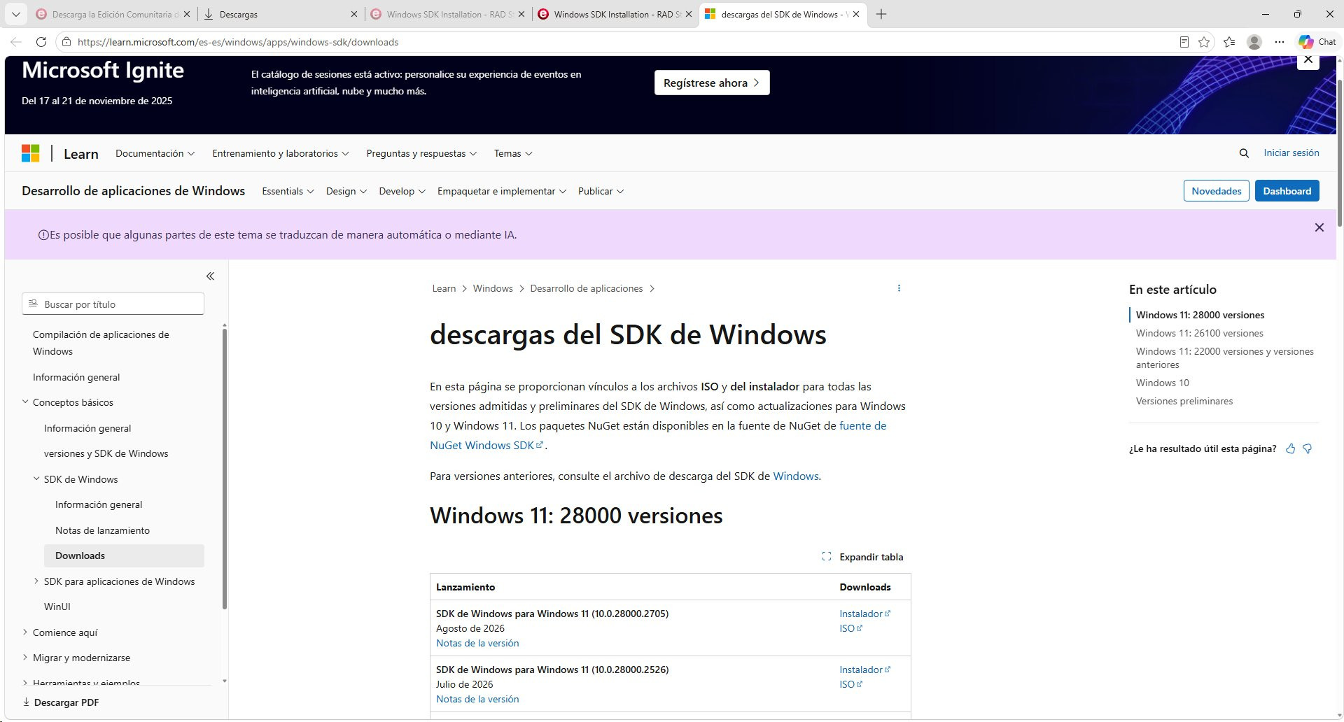 Página de descarga del SDK de Microsoft