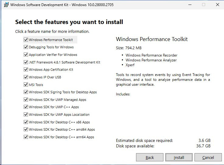 Features a instalar del SDK de Windows